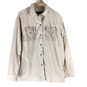 Elizabeth James Size Medium Top Cream Beige Button Front Long Sleeved Silk Trim